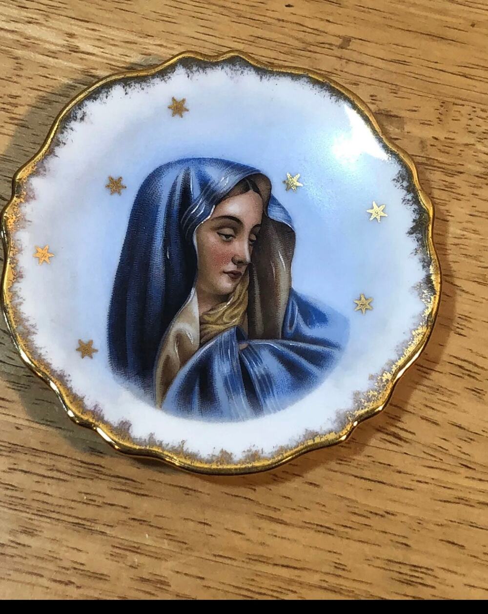 Mother Mary Limoges France Small Gold Gilt Stars Trinket Pate Virgin Woman 4"